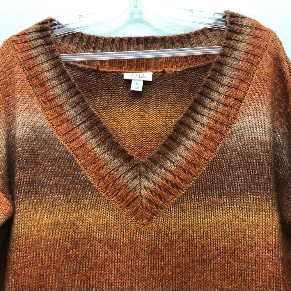 a.n.a Long Sleeve V-Neck Color Block Chain Knit Sweater Women's Size M O/Brown - Picture 5 of 7